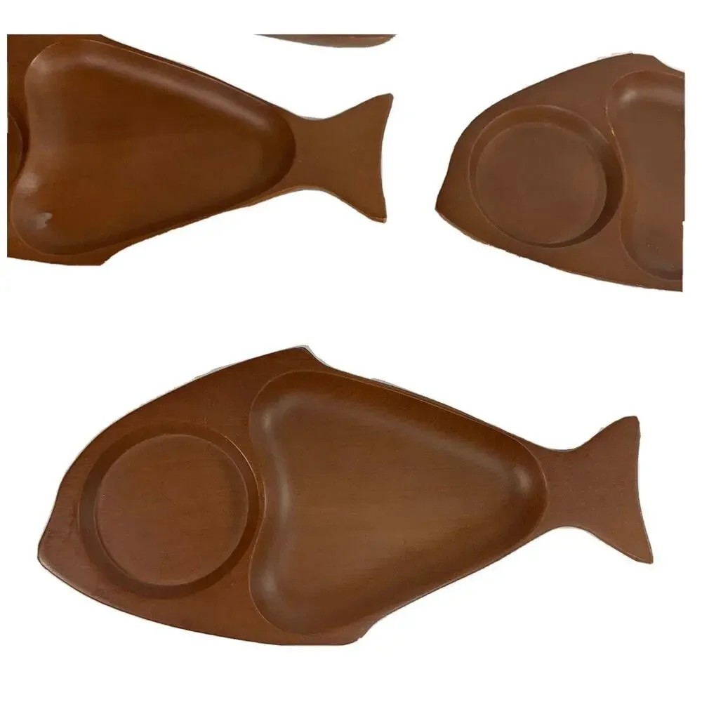 Set 4 Vtg 60s Japanese Fish Sushi Plates Kubosawa Carved Cherry Wood Retro MCM
